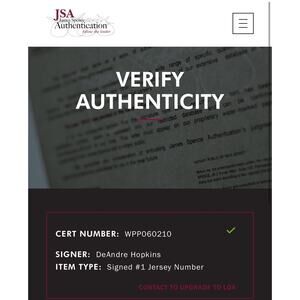 DEANDRE HOPKINS SIGNED AUTOGRAPHED ROOKIE #1 SIGNED JERSEY #10 AUTO JSA COA